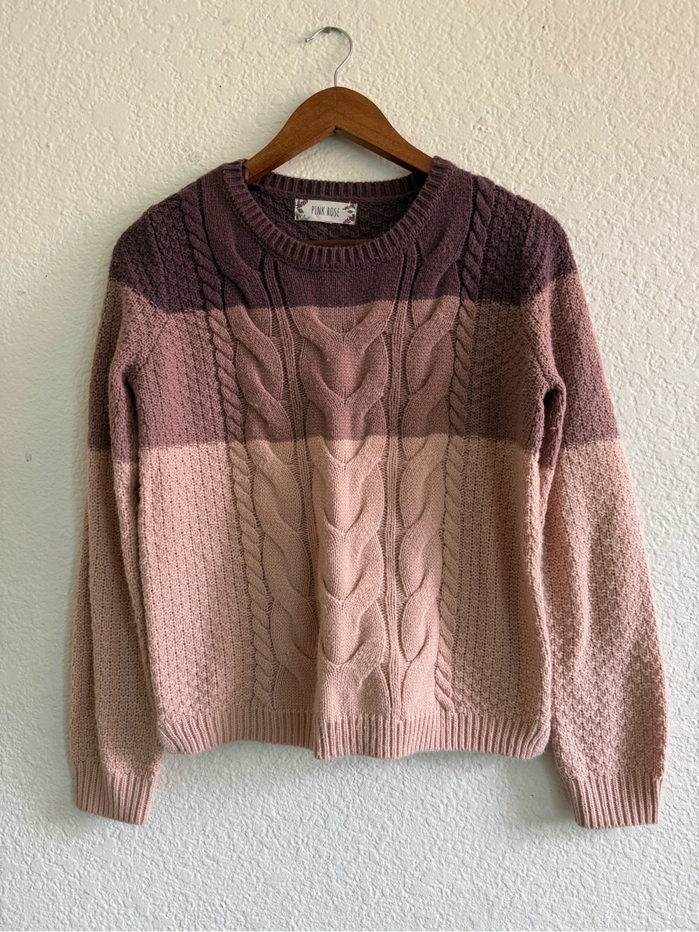 Pink Rose Striped Cable Knit Crewneck Sweater in Mauve & Blush